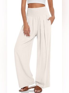 UEU Women's Linen Blend Palazzo Pants With Pockets